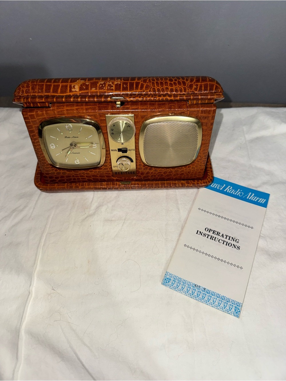 Travel Alarm Clock Radio Heritage faux Rocco brown Leather